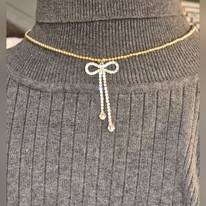 Handmade Beaded Necklace W/ Rhinestone Bow Pendant. 16"w/3.5" Extender